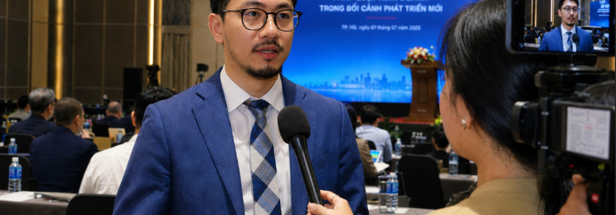 Luật sư Đặng Đình Ngọc trả lời phỏng vấn tại hội thảo pháp luật kinh doanh