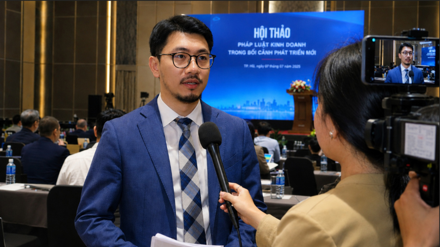 Luật sư Đặng Đình Ngọc trả lời phỏng vấn tại hội thảo pháp luật kinh doanh